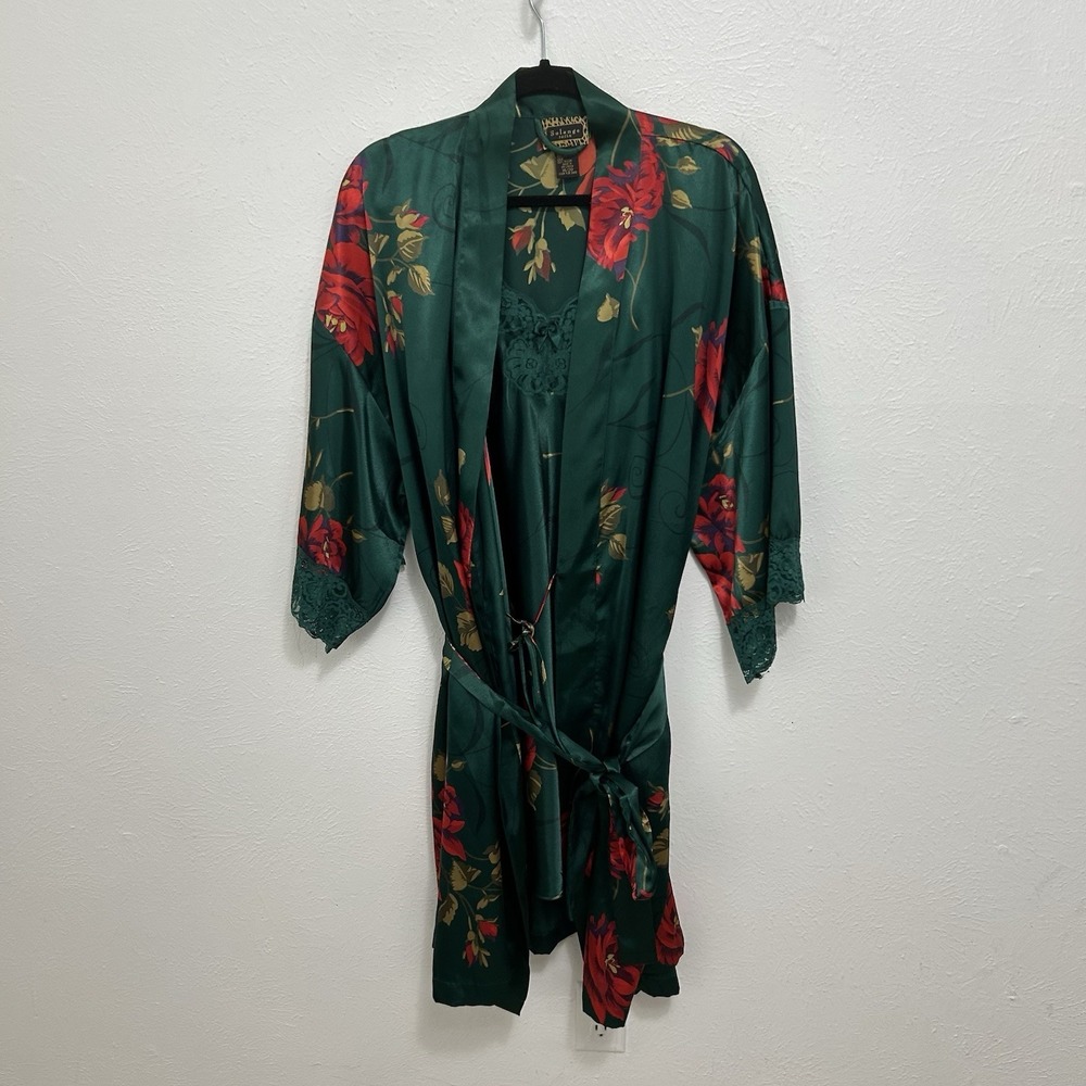 Vintage Robe & Slip Nightgown Slip Dress SET Solange Satin Green Floral 18/20
